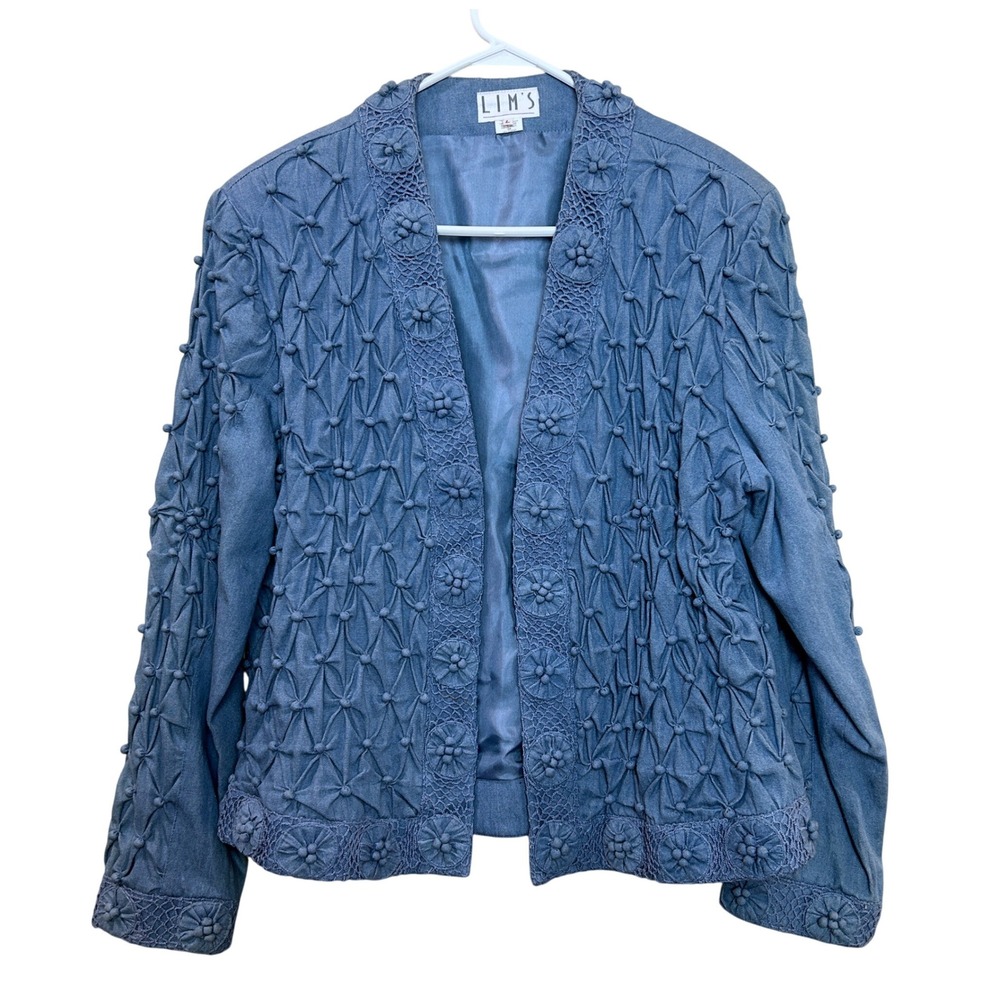 Lim's Smocked Jacket Womens Large Blue Cotton Open Coastal Grandma Cottagecore